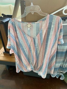 Striped Knot-Front Blouse in Pink and Blue